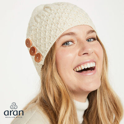 100% Merino Wool Bobble Hat With Three Wooden Buttons Design  Natural Colour